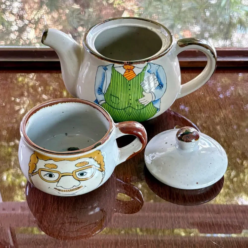 Vintage Tea for One Set, Mustache Man Stackable Teapot & Mug